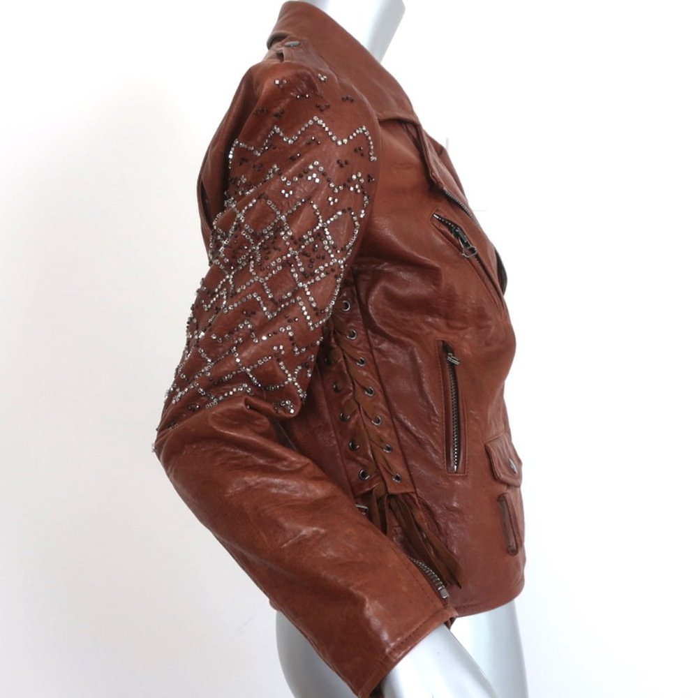 3.1 PHILLIP LIM CRYSTAL-EMBELLISHED LEATHER MOTORCYCLE JACKET BROWN SIZE 6 - Picture 4 of 10